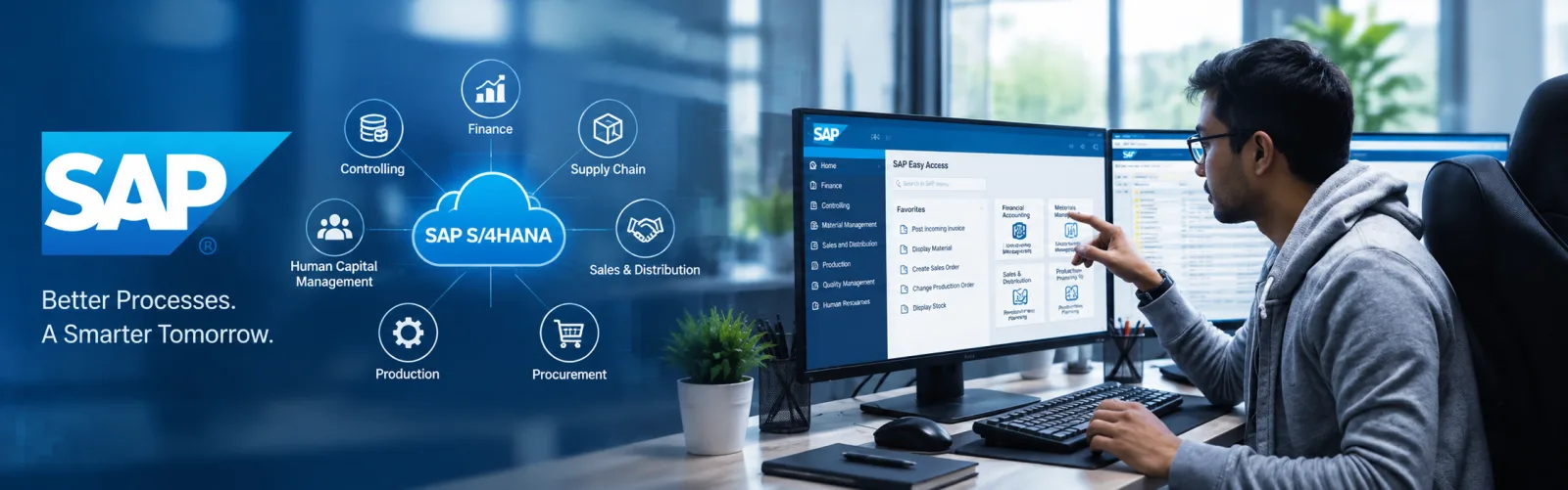 A consultant working in SAP S/4HANA, with finance, supply chain, sales and production connected to the SAP core